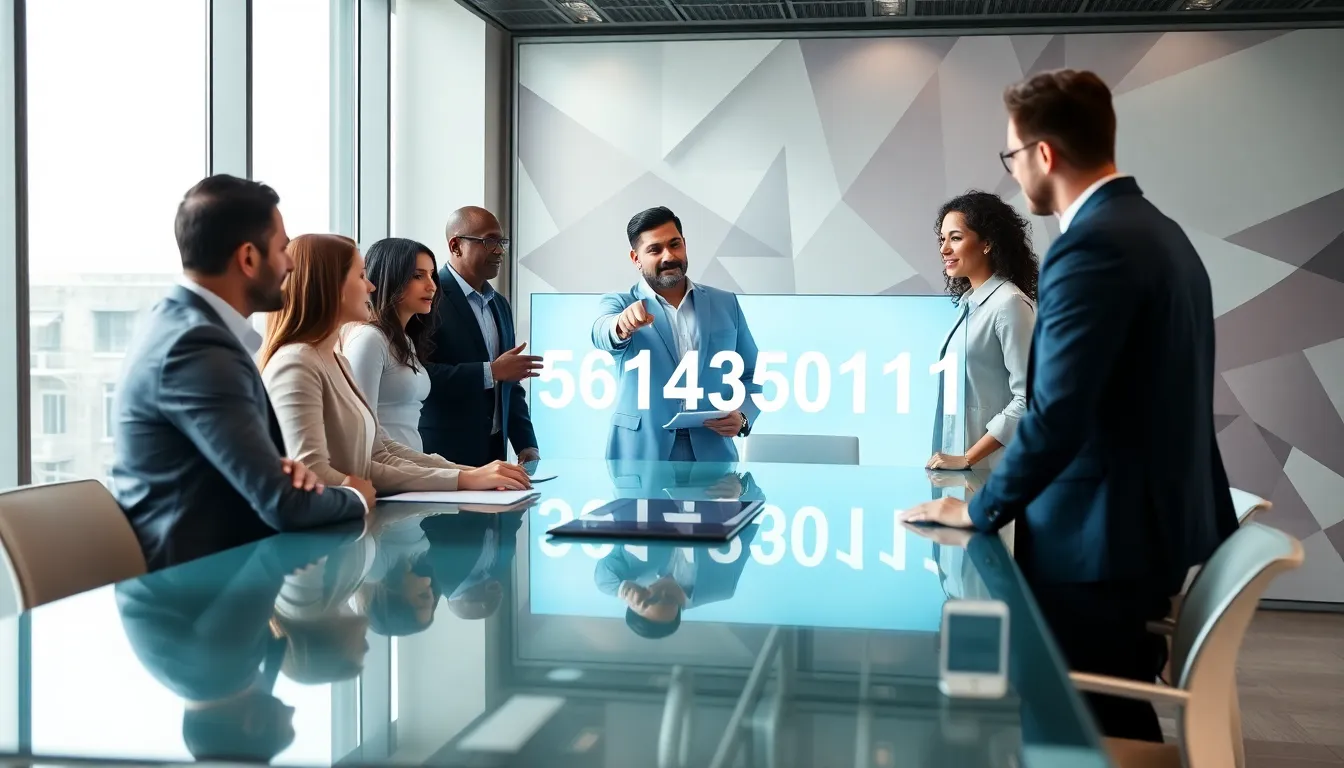 professionals discussing the significance of the number 5614340111 in an office.