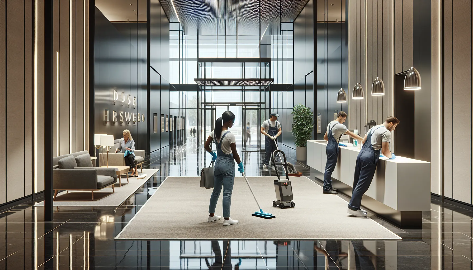Professional cleaners maintain a busy modern lobby with spotless floors and glass.