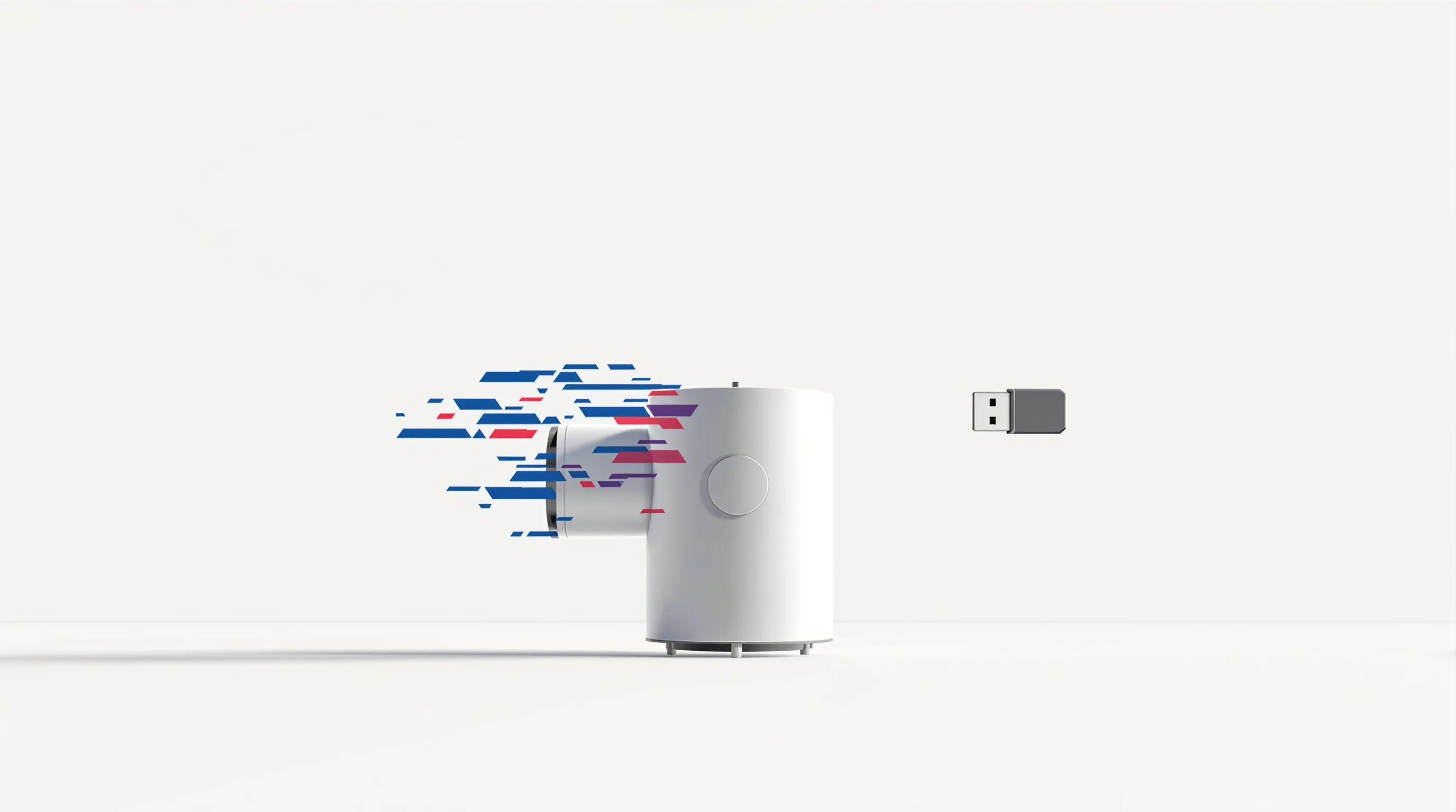 A minimalist centrifuge with digital glitch overlay and USB drive icon.