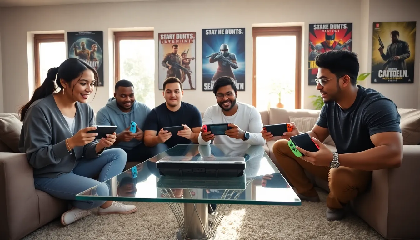 diverse group enjoying strategy games on Nintendo Switch in a modern living room.