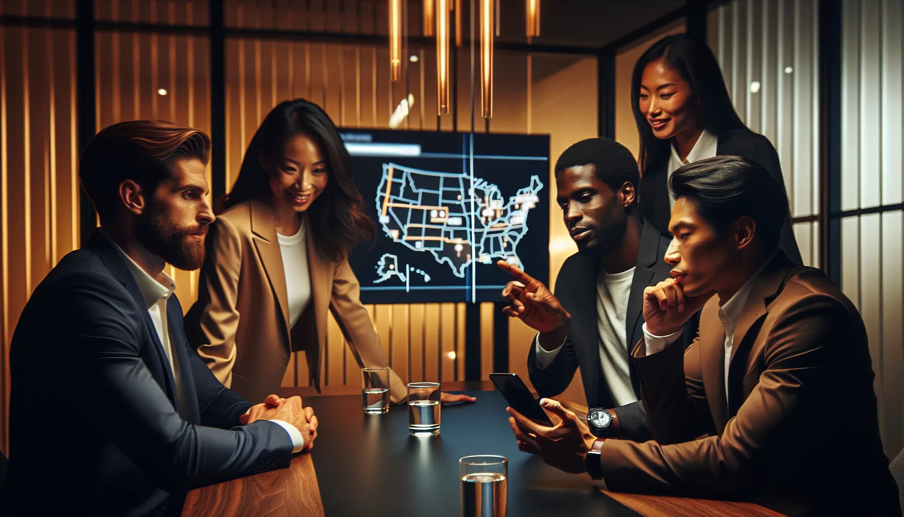 diverse team discussing area codes in a modern office.