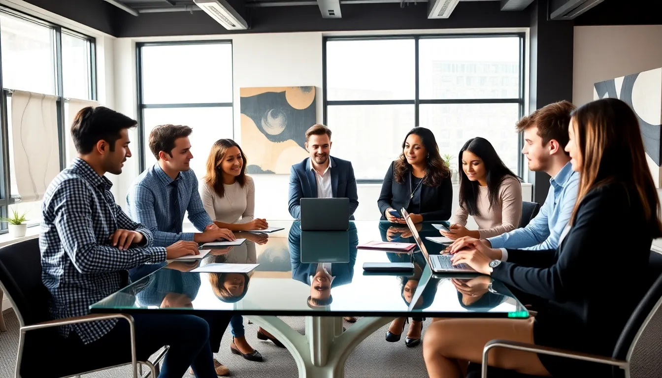 diverse team discussing cybersecurity roles in a modern office.