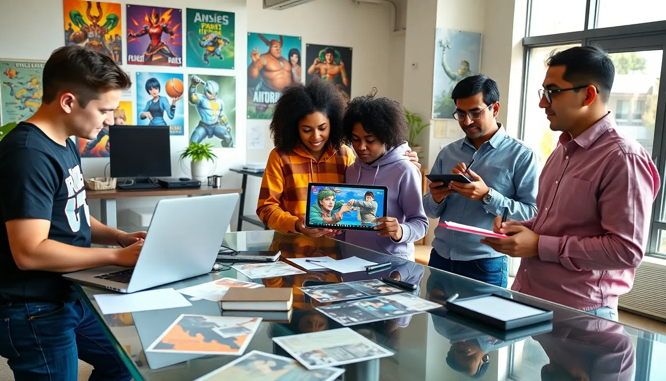 a diverse team collaborating in a game development studio.