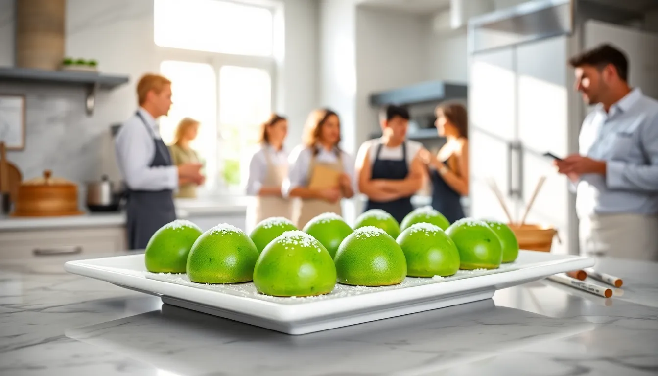 colorful green mochi cookies presented in a modern kitchen setting.