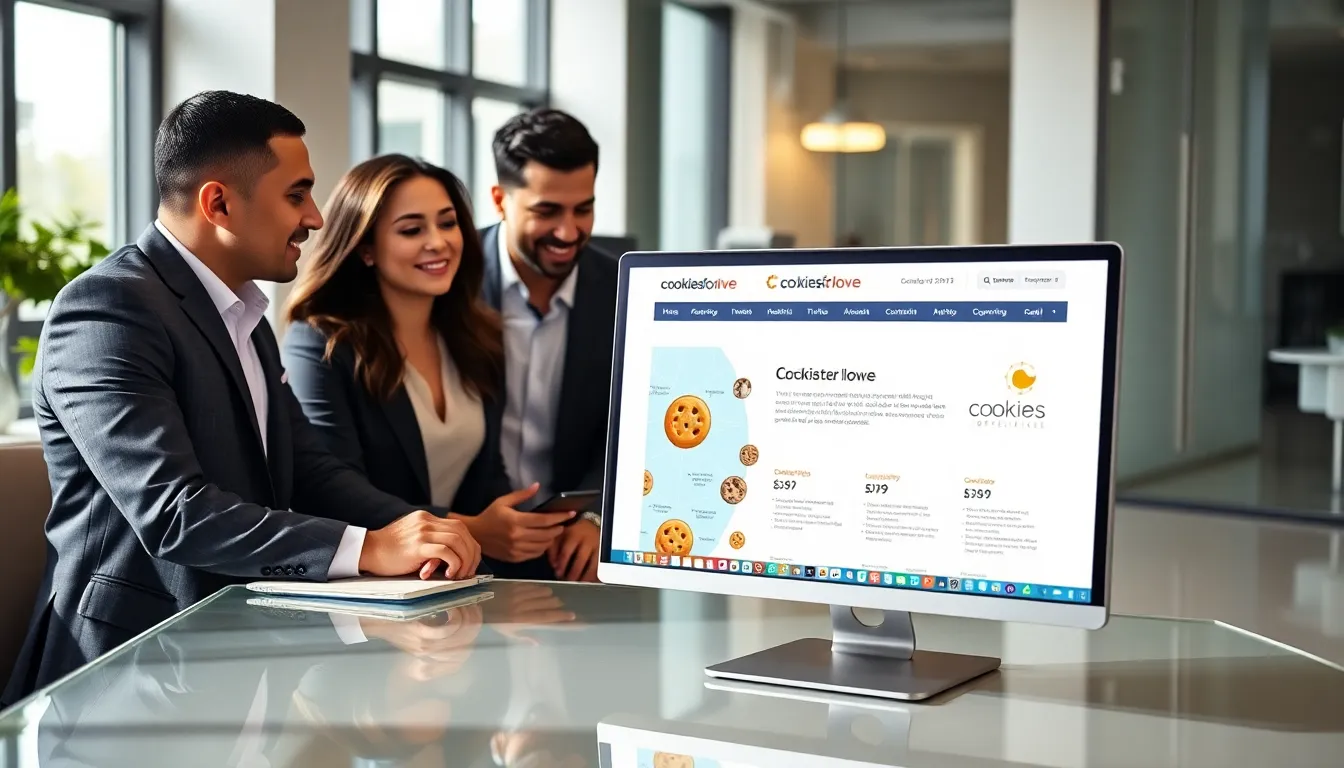 diverse professionals collaborating over a website about cookies.