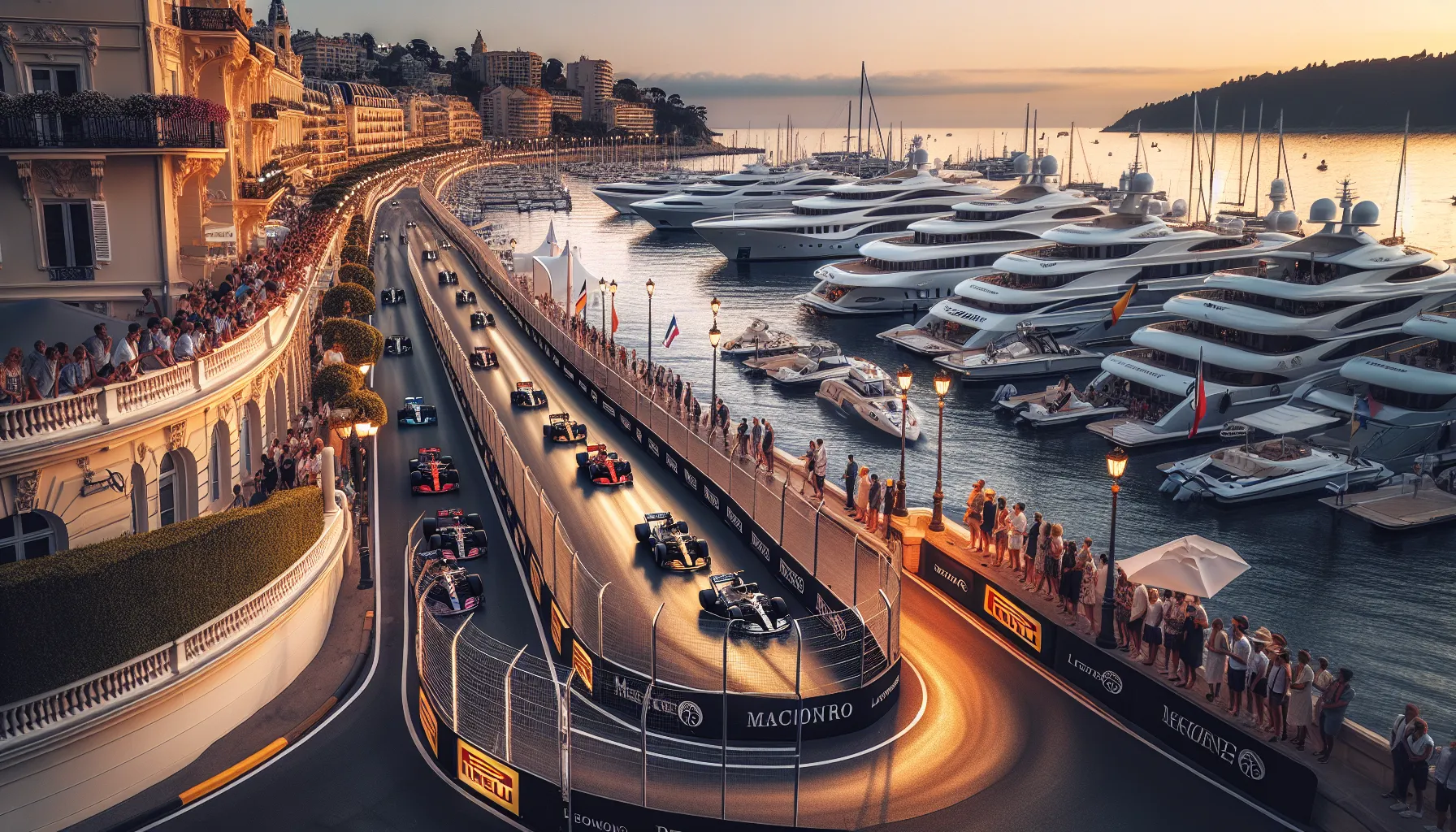 Monaco harbor with F1 race, superyachts, and Monte Carlo casino district in view.