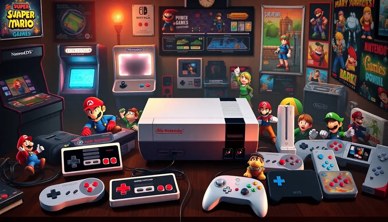 A nostalgic depiction of Nintendo's gaming evolution with consoles and iconic characters.