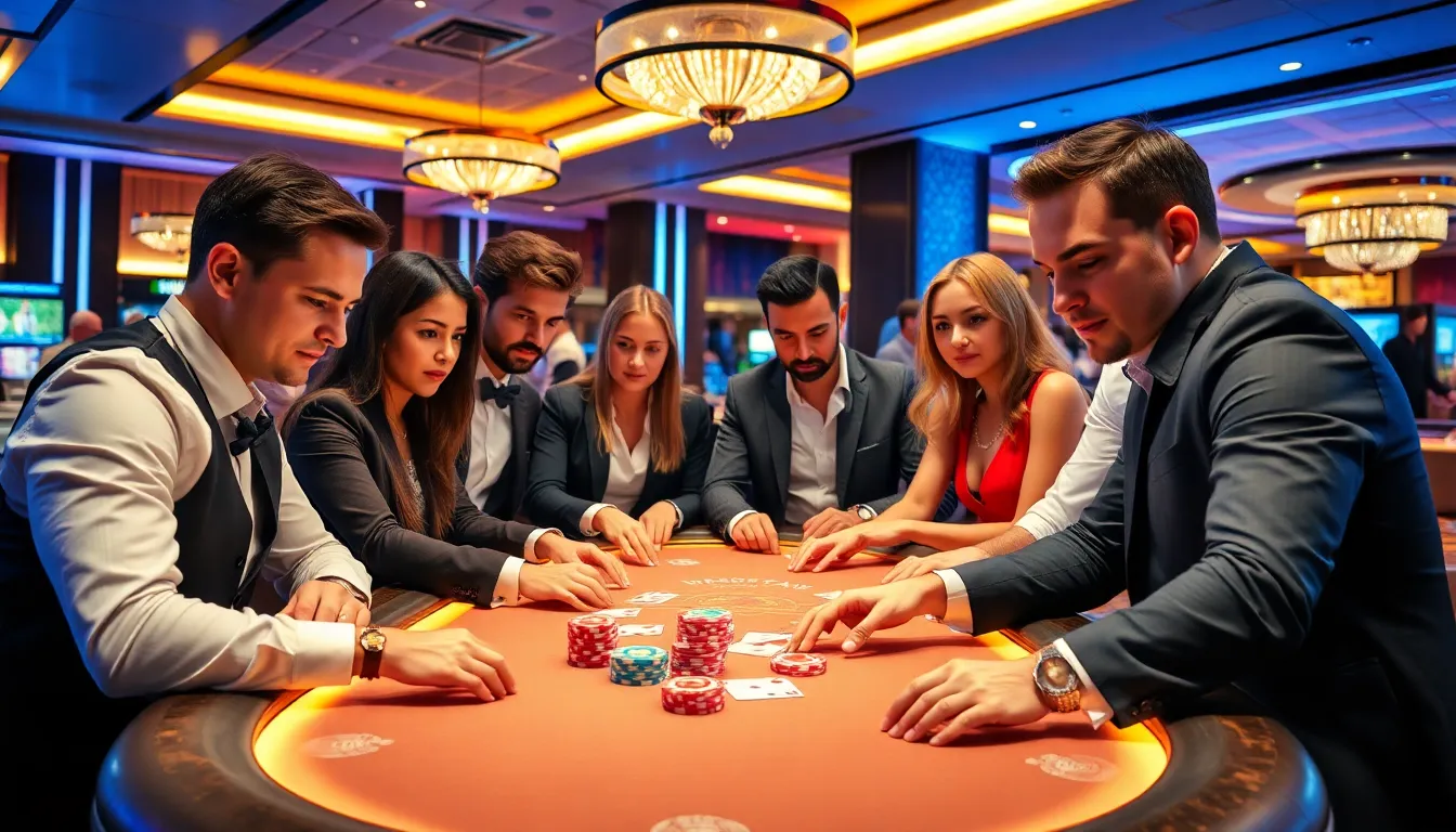 diverse players engaged at a poker table in a modern casino.