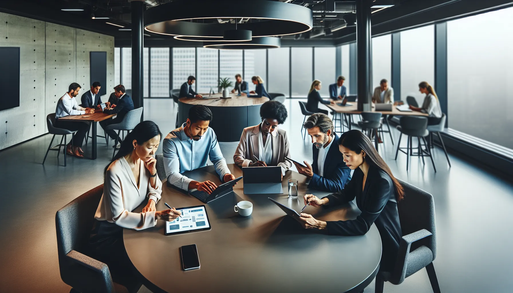 diverse team discussing technology in a modern office setting.