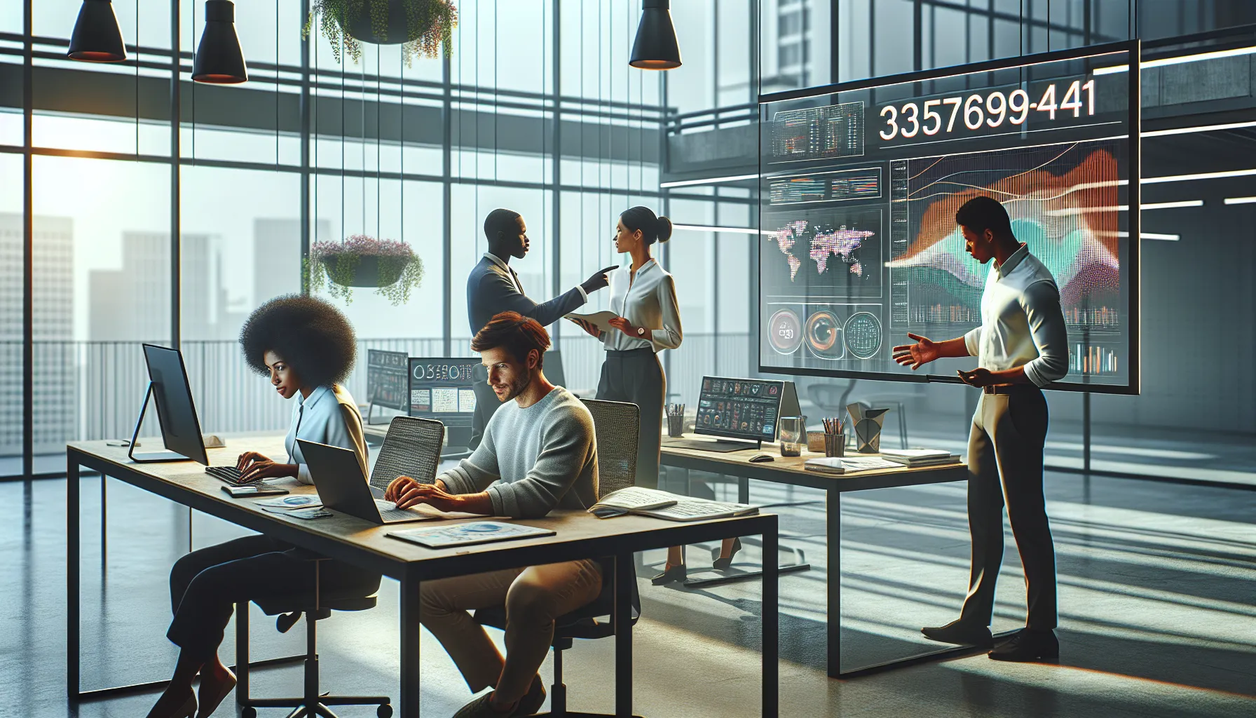 diverse professionals analyzing data in a modern office.