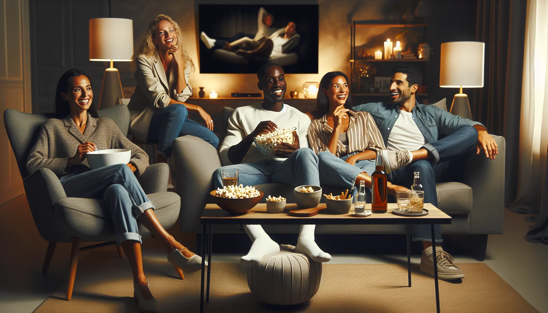 diverse group enjoying a movie night with Pepcid and Gas-X products.