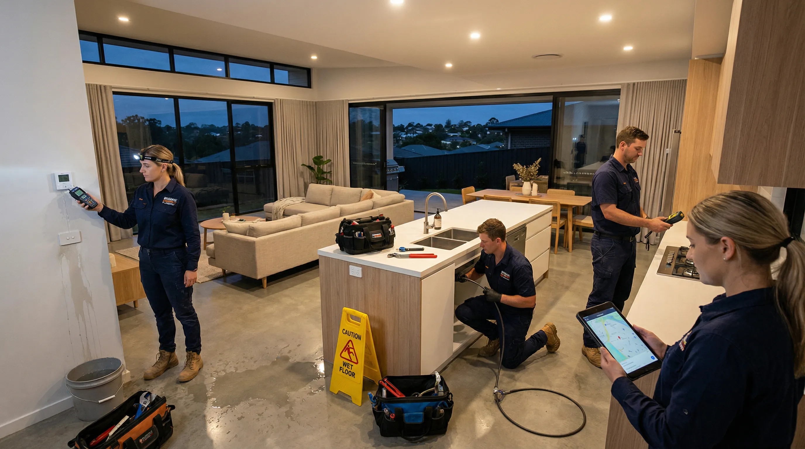Professional plumbers addressing multiple emergencies in a modern Australian home.