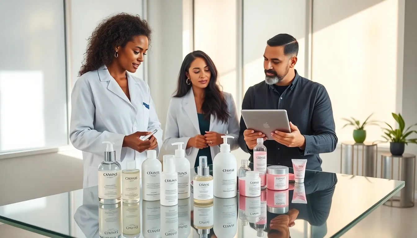 diverse skincare professionals collaborating in a modern studio.