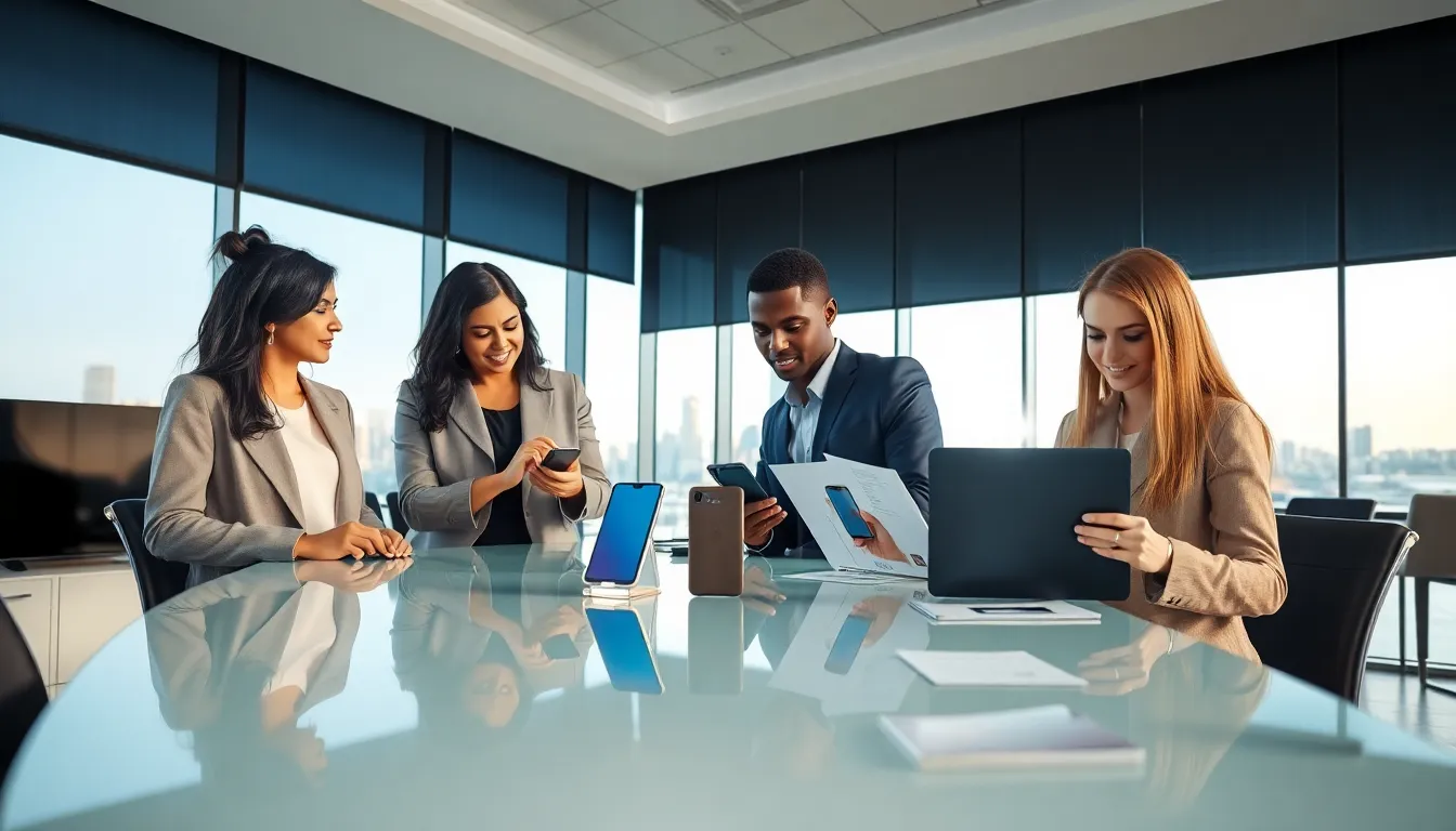 professionals discussing refurbished Galaxy phones in a modern office.