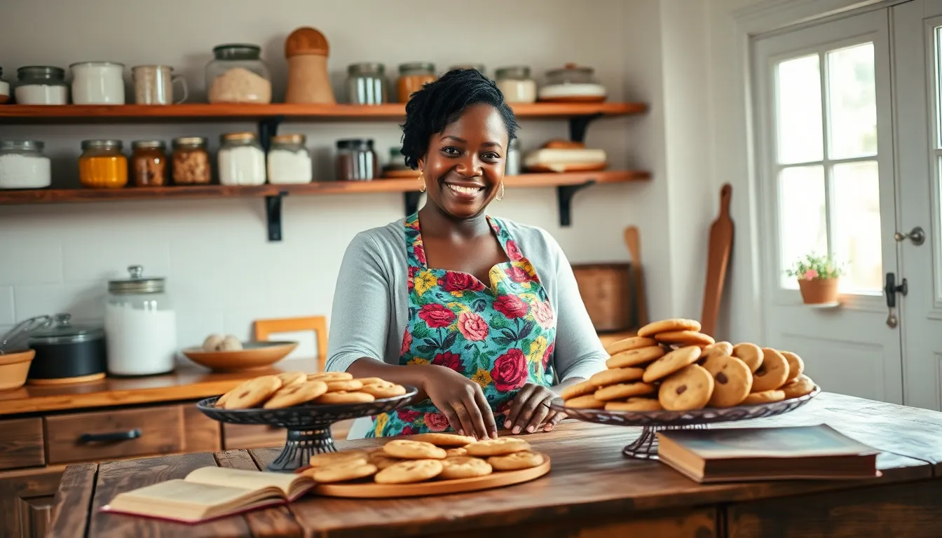 Mary Jackson baking cookies in a cozy, sunlit kitchen.