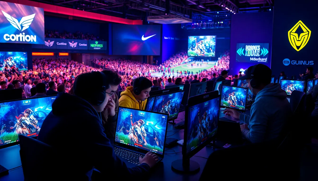 diverse group of gamers in a high-tech e-sports tournament setting.