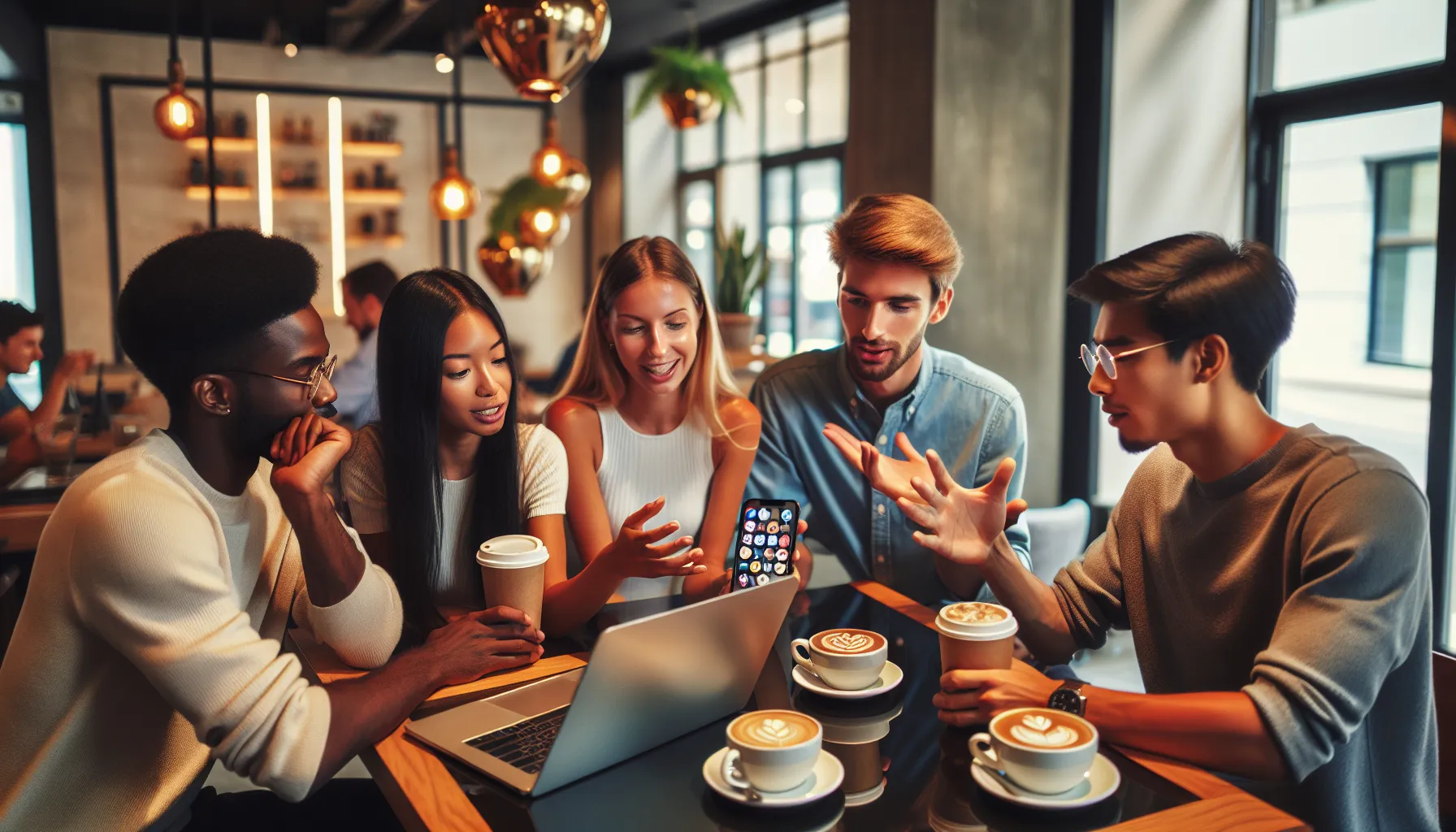 diverse friends discussing Snapchat features in a modern café.