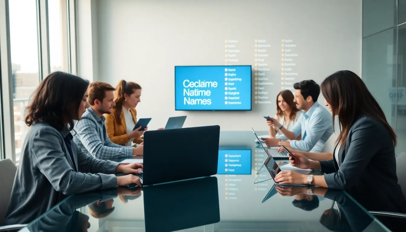 professionals brainstorming social media names in a modern office.