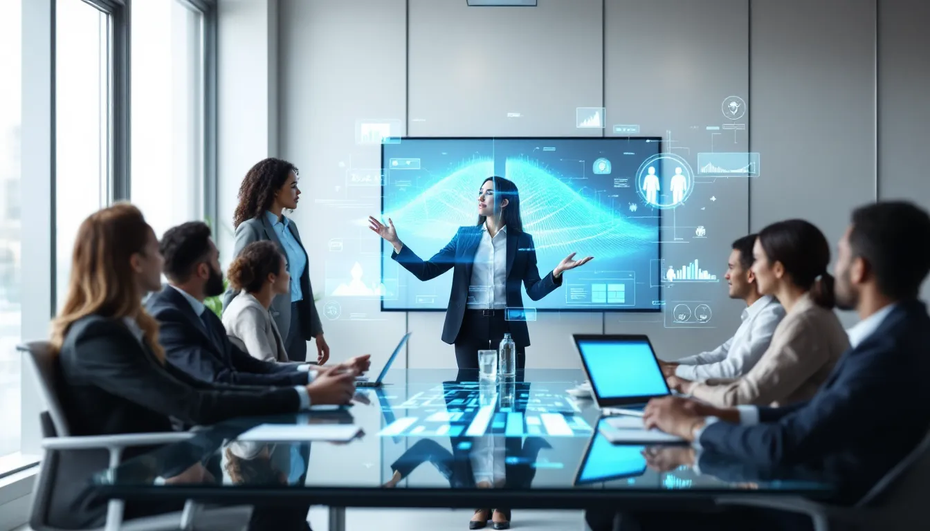 Diverse business team discussing AI ethics around transparent holographic displays in modern office.
