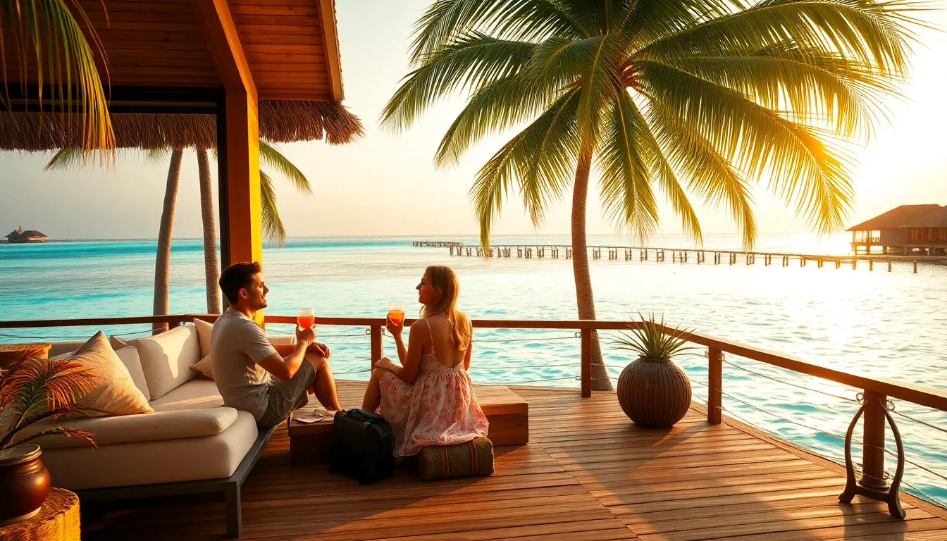 couple enjoying drinks at a tropical beach bungalow at sunset.