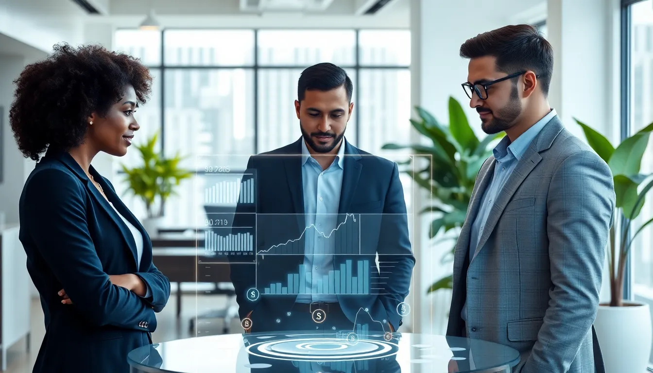 professionals discussing blockchain staking in a modern office setting.