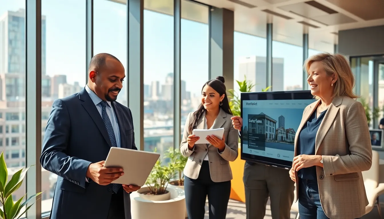 business professionals discussing real estate in a modern office.