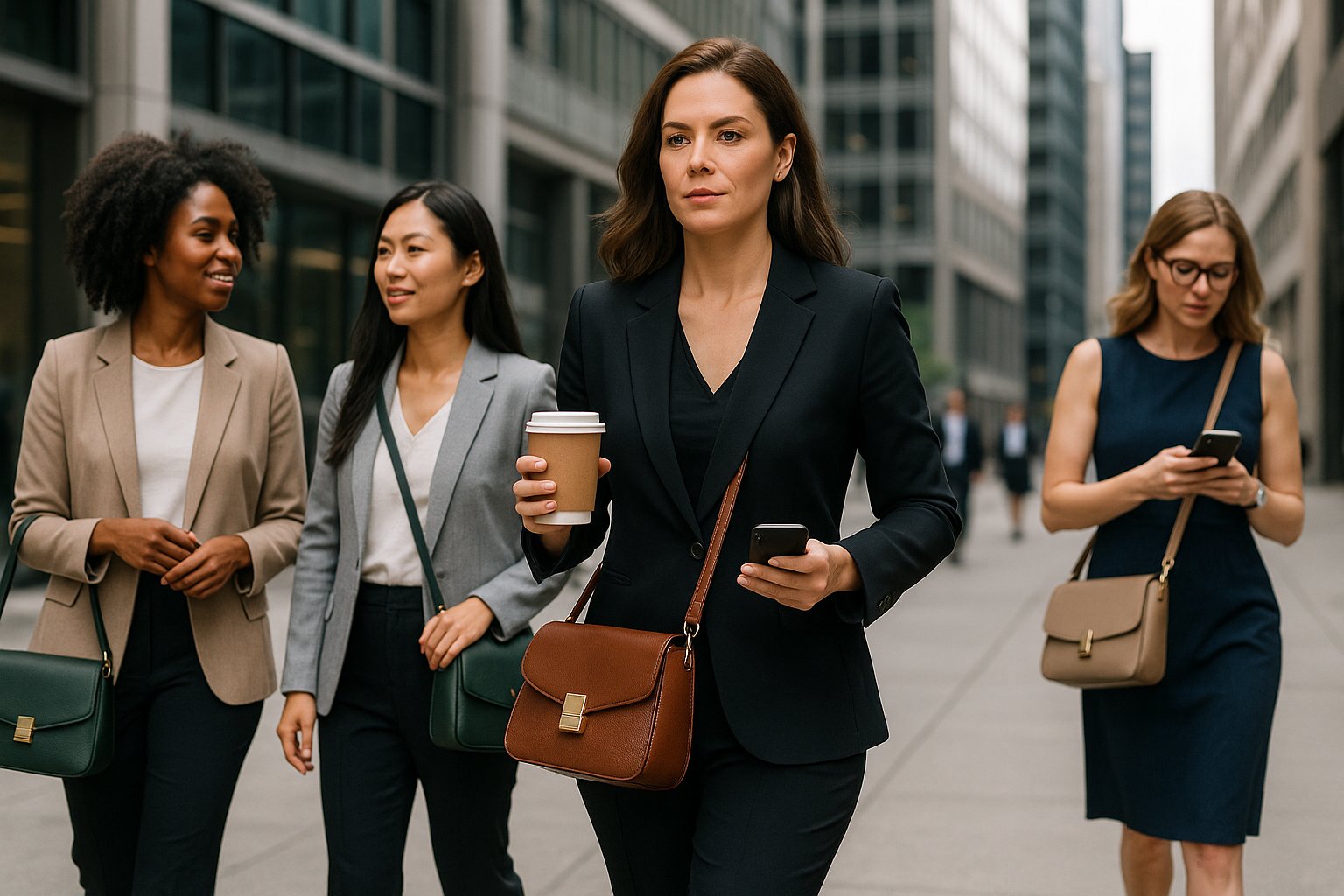 Professional women with crossbody handbags in a city office setting.