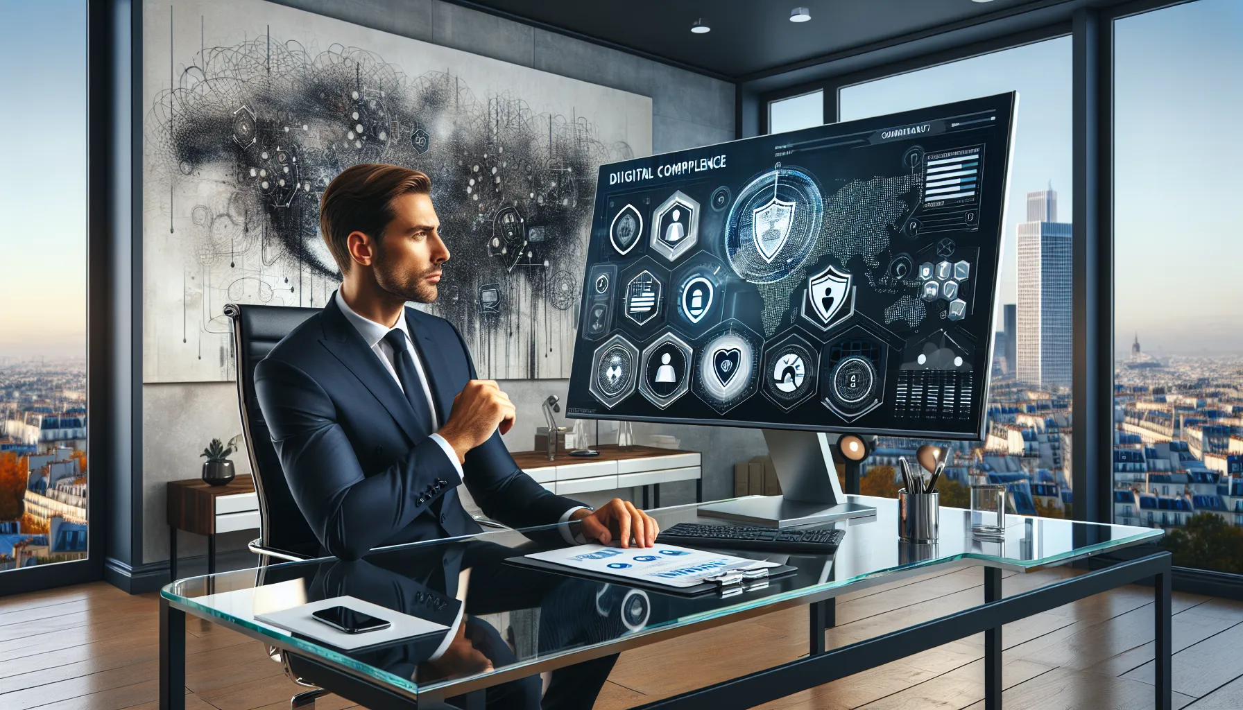 French executive reviewing gambling compliance data in a modern office.