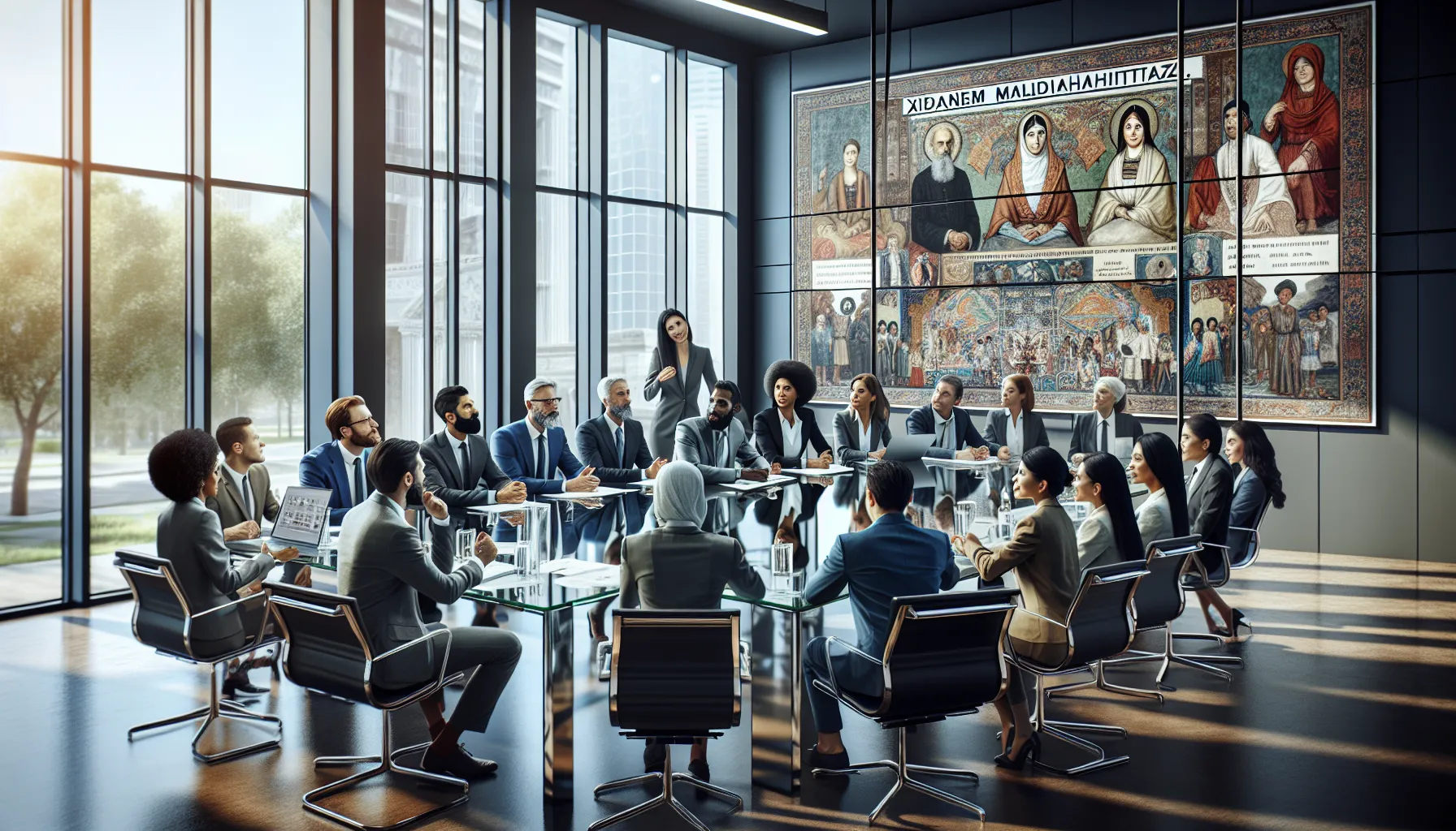 diverse professionals discussing xidhanem malidahattiaz in a modern office.