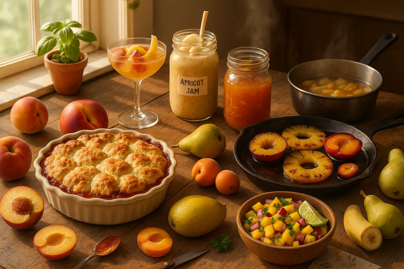 A rustic kitchen table displaying nectarine cobbler, mango salsa, grilled pineapple, apricot jam.