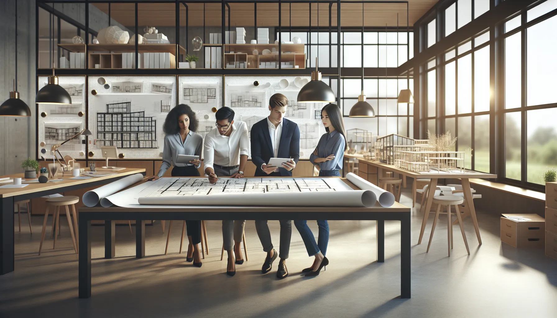 diverse team collaborating over architecture plans in a modern office.