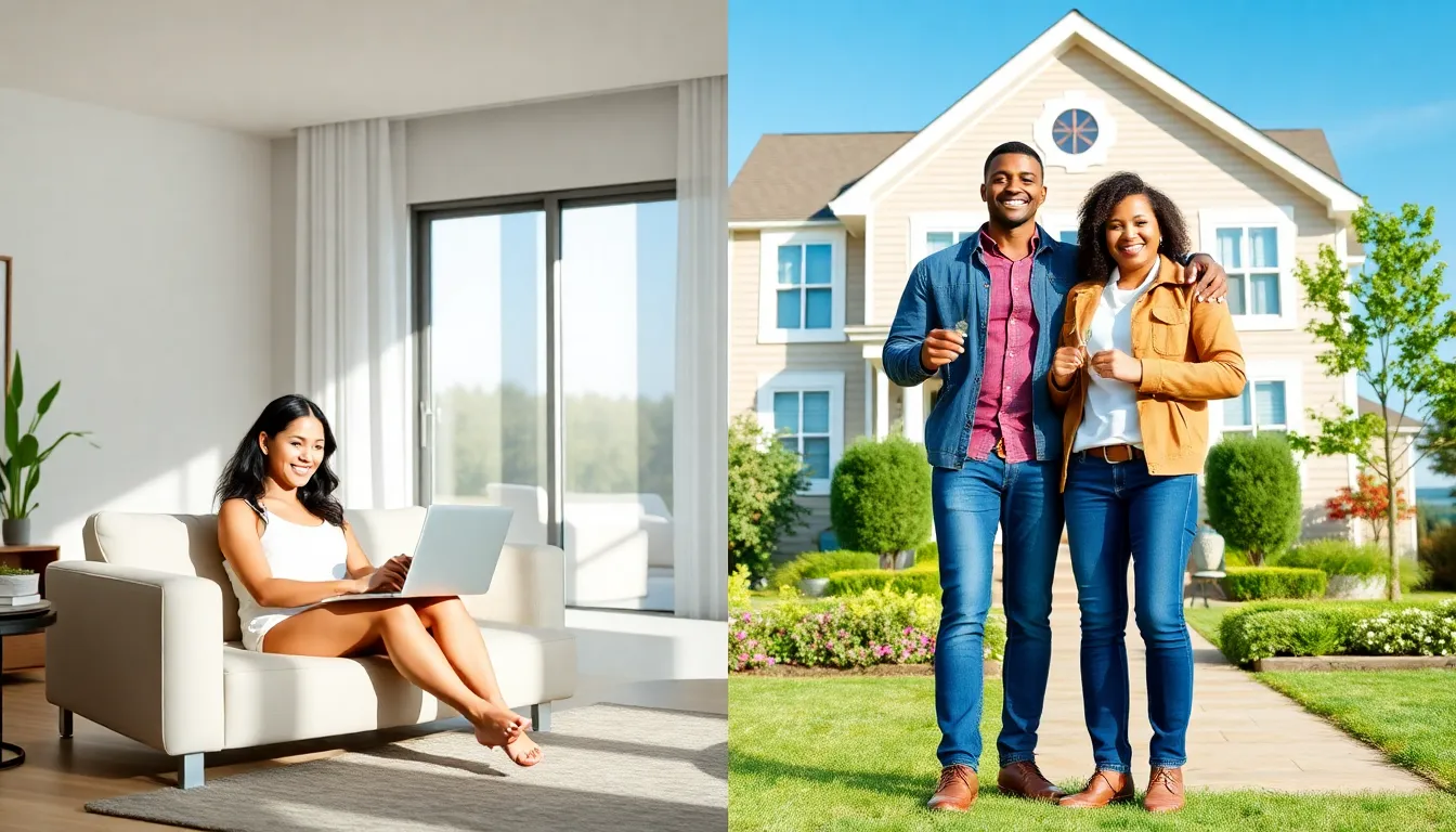 split image showing a renter in an apartment and homeowners outside a house.