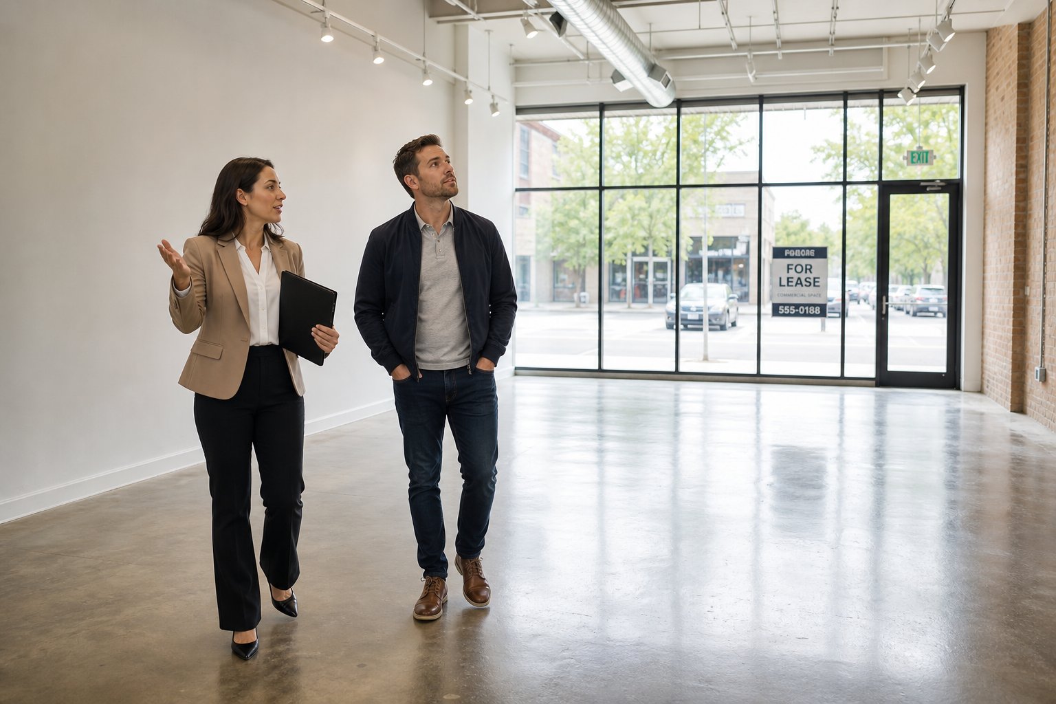 Commercial Mortgage Broker Stockport - Purchase and Refi 10 Business owner and advisor viewing an empty retail unit with large windows and polished floors.