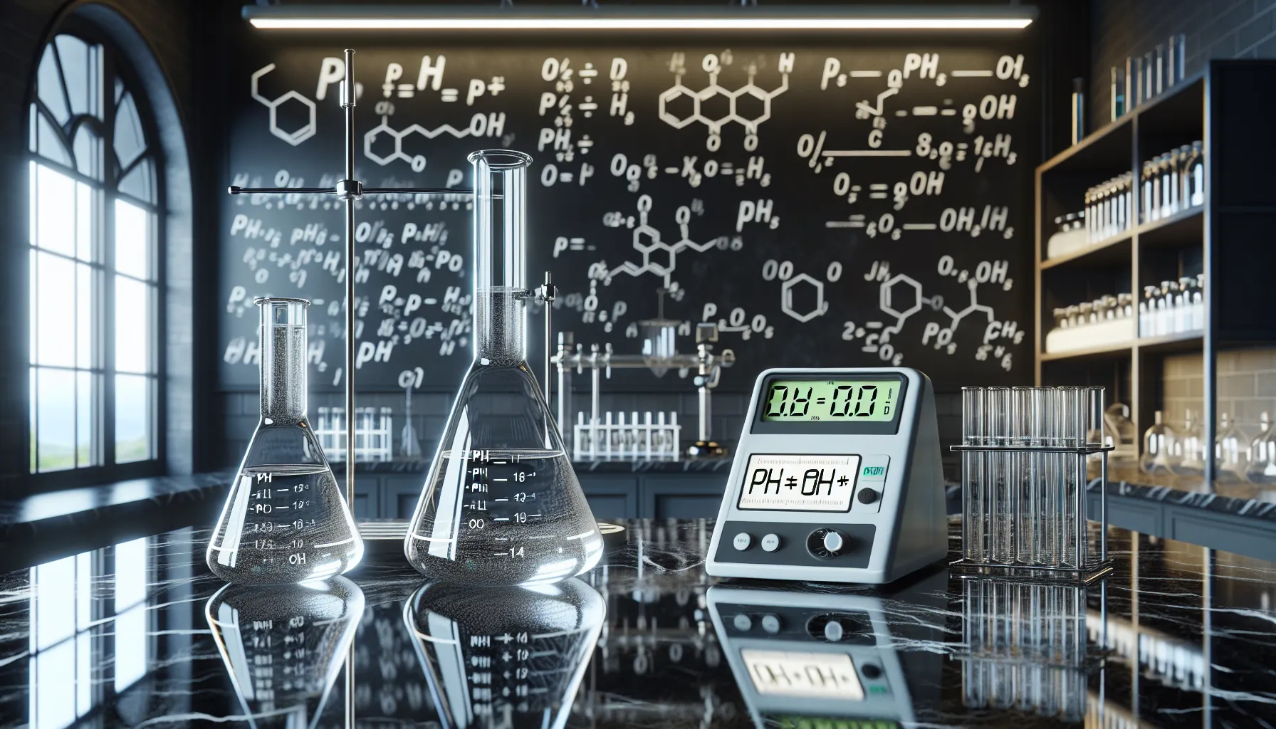 A laboratory setup illustrating the relationship between pH and pOH using equations and beakers.
