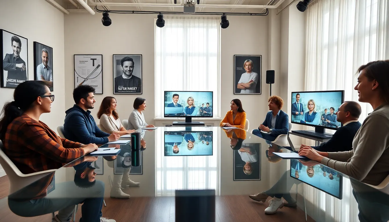 diverse individuals engaged in a masterclass video session in a modern studio.