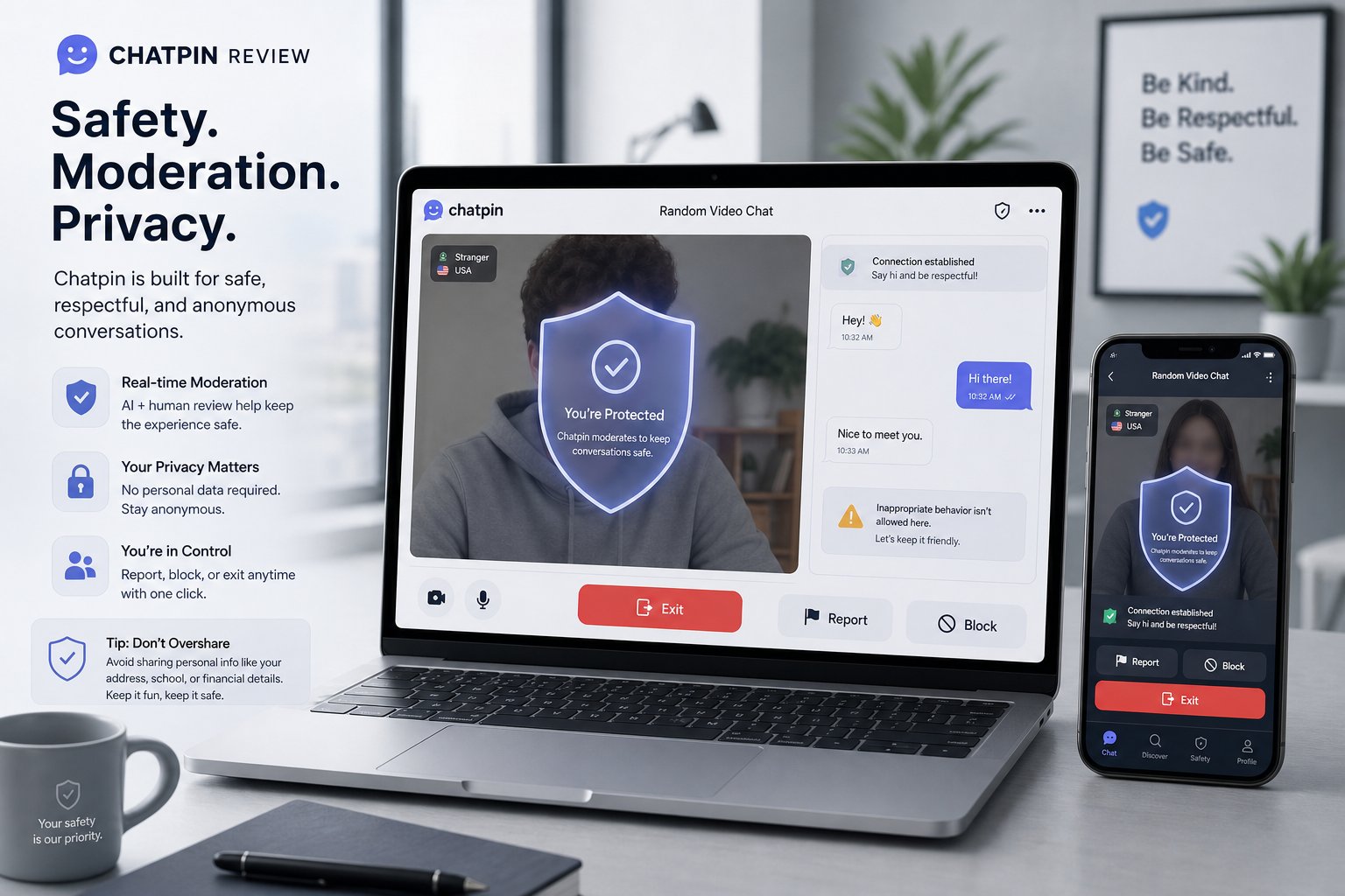 Laptop showing video chat with shield overlay, exit, report, and block buttons.