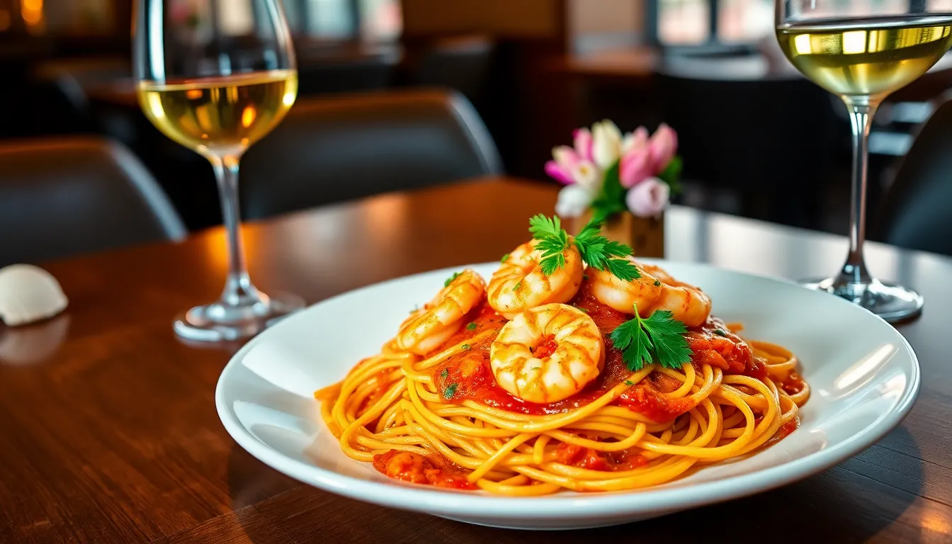 Plated Shrimp Diablo Pasta in a stylish dining setting.