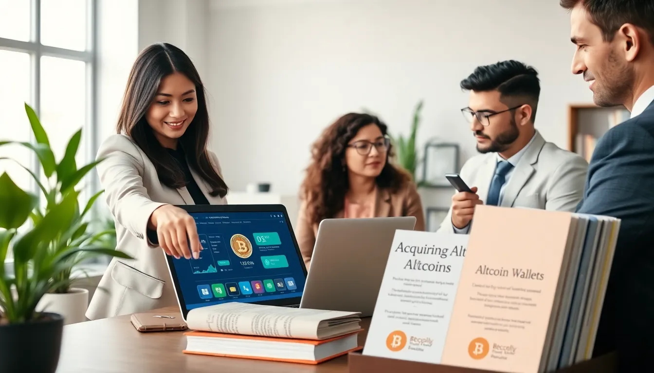 professionals discussing altcoin wallets in a modern office.