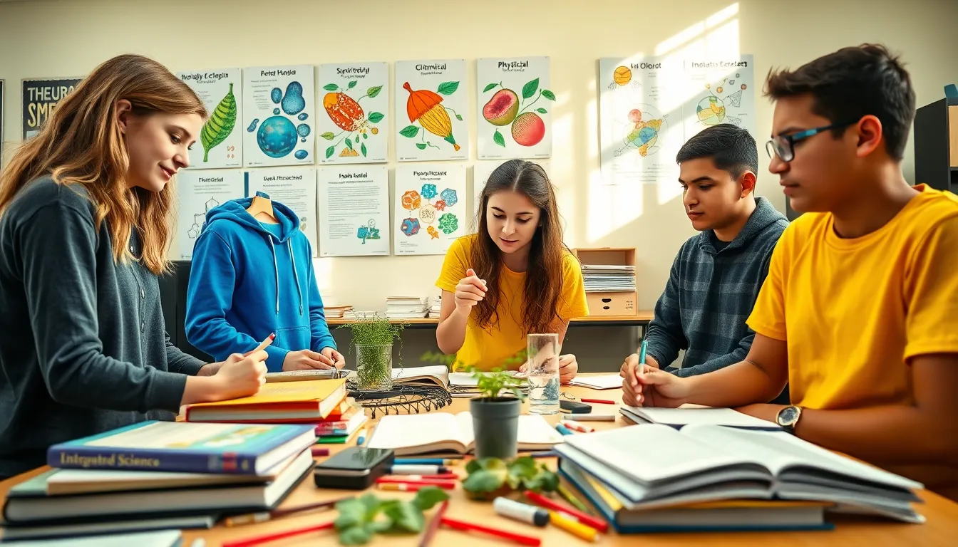 diverse students collaborating on an integrated science project in a classroom