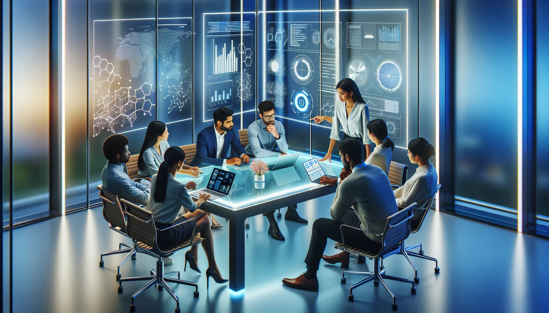 diverse team collaborating on technology applications in a modern office.