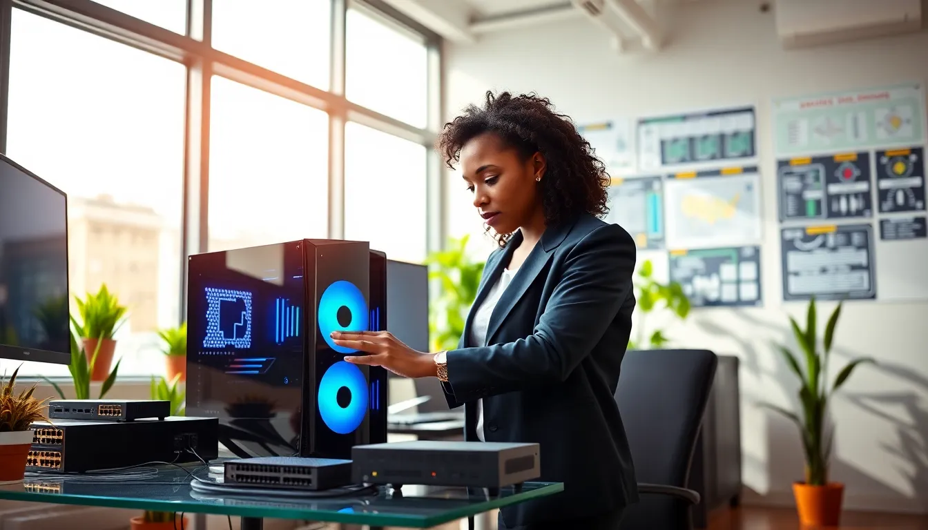 a woman examining high-performance computer equipment in a modern office.