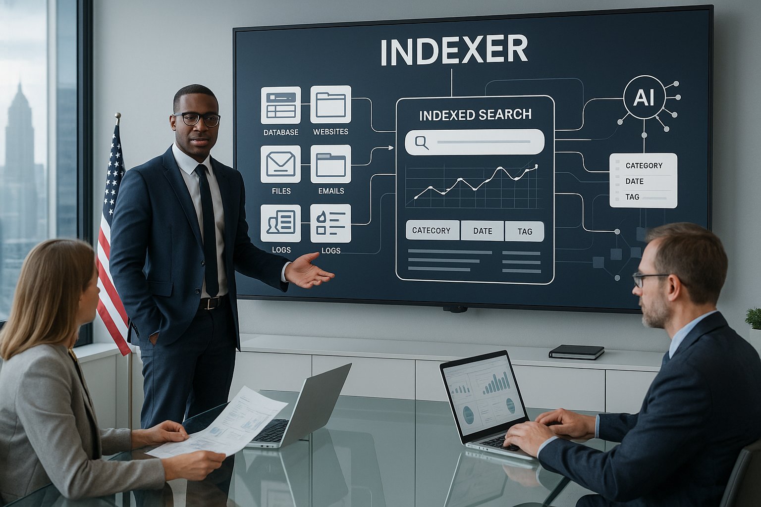 Professional team reviewing a data indexing dashboard in a modern office. Professional team reviewing a data indexing dashboard in a modern office.