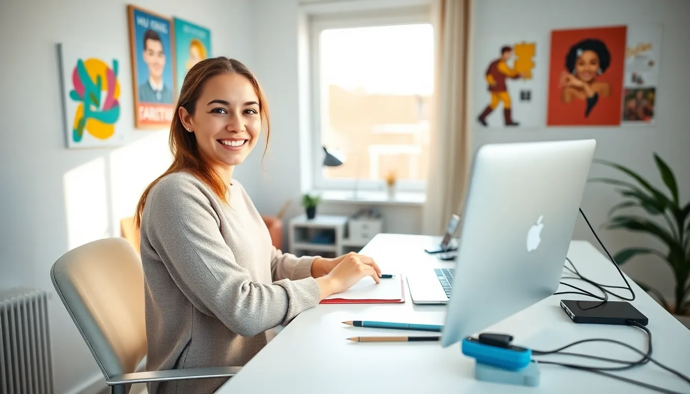 Young woman creating content in a vibrant home office.