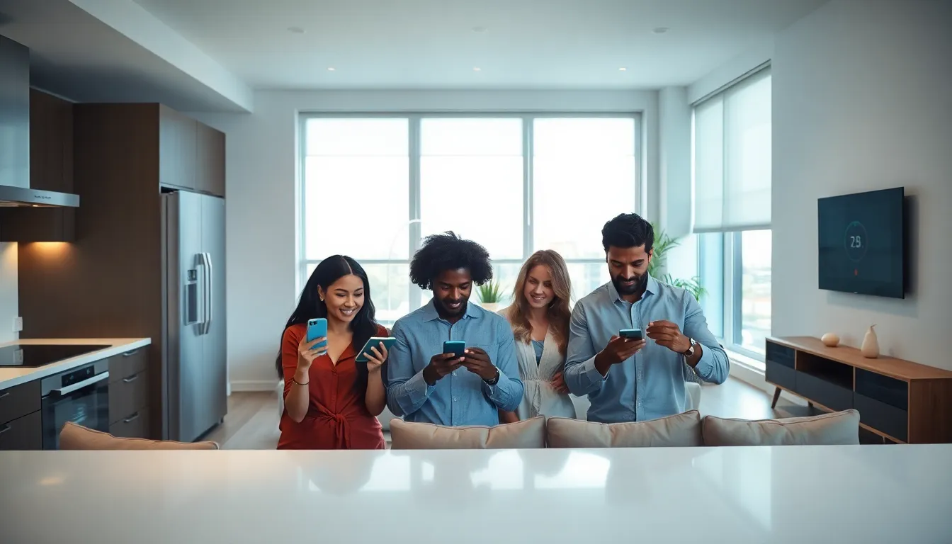 diverse professionals configuring smart home devices in a modern apartment.