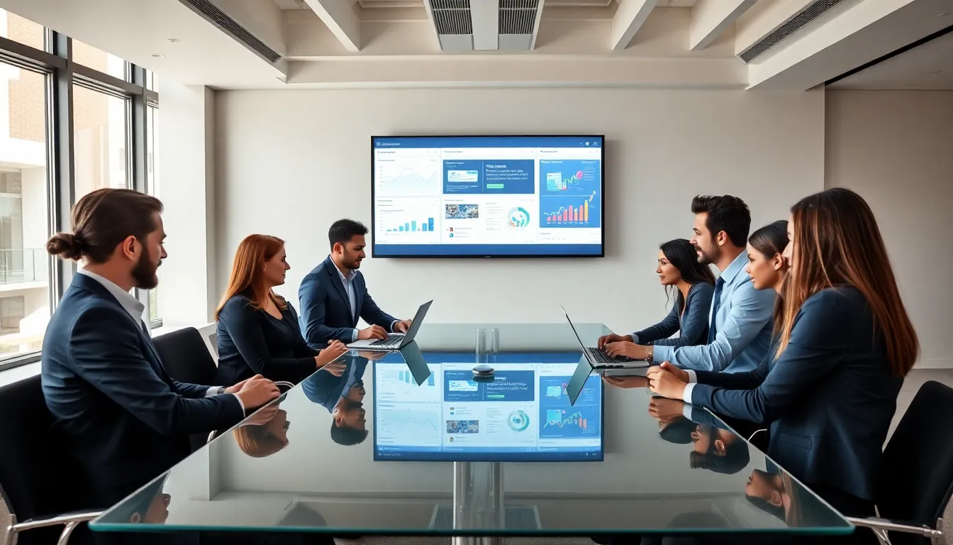 diverse team collaborating on digital marketing strategies in a modern office.