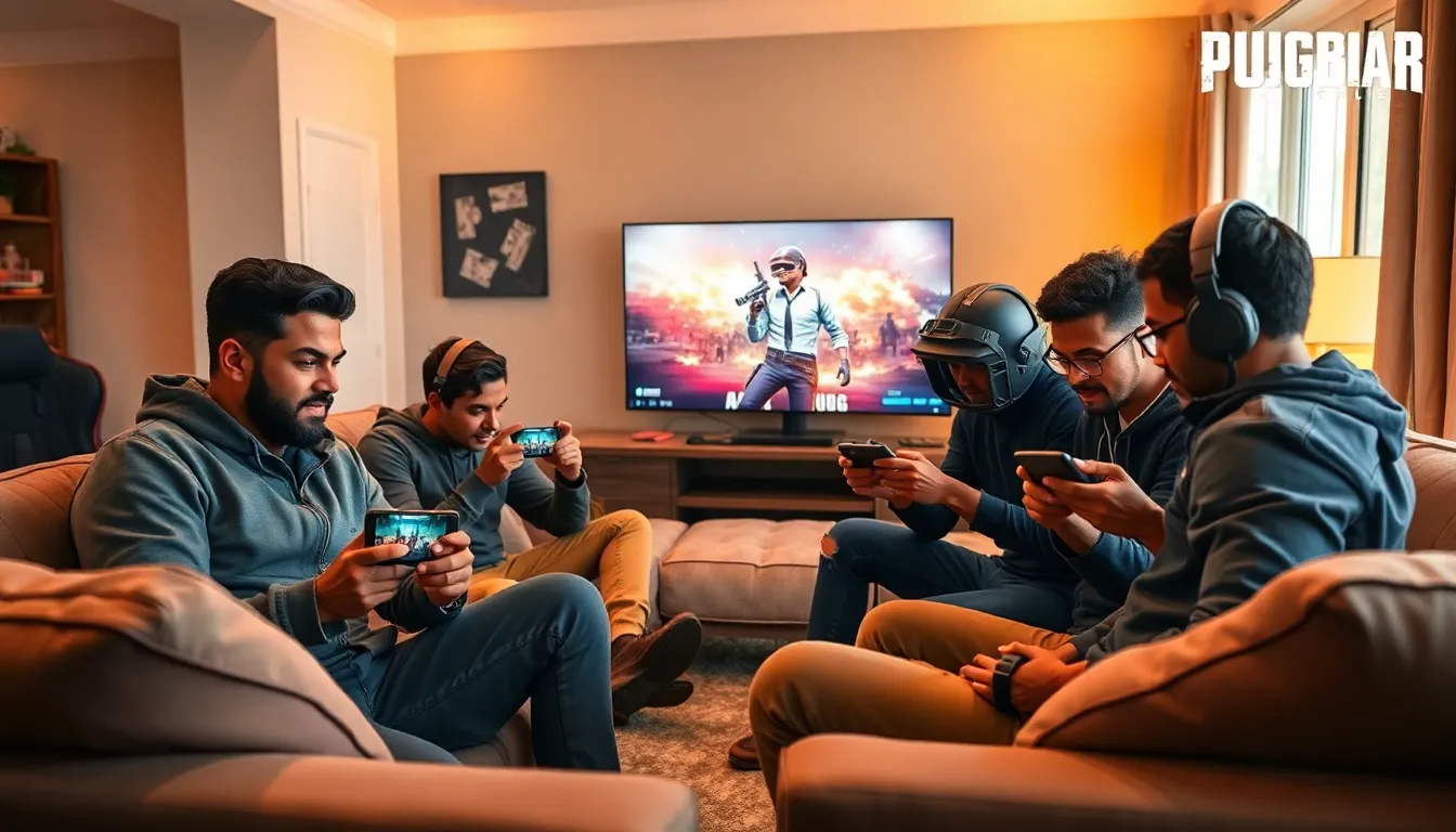 diverse group of friends playing PUBG Mobile together in a modern living room.