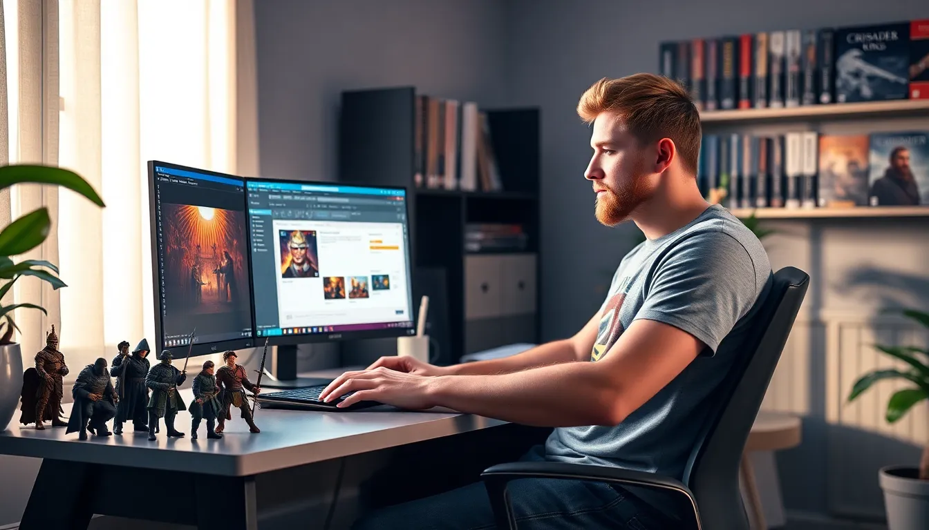 A young man using CK2Generator in a gaming-themed home office.