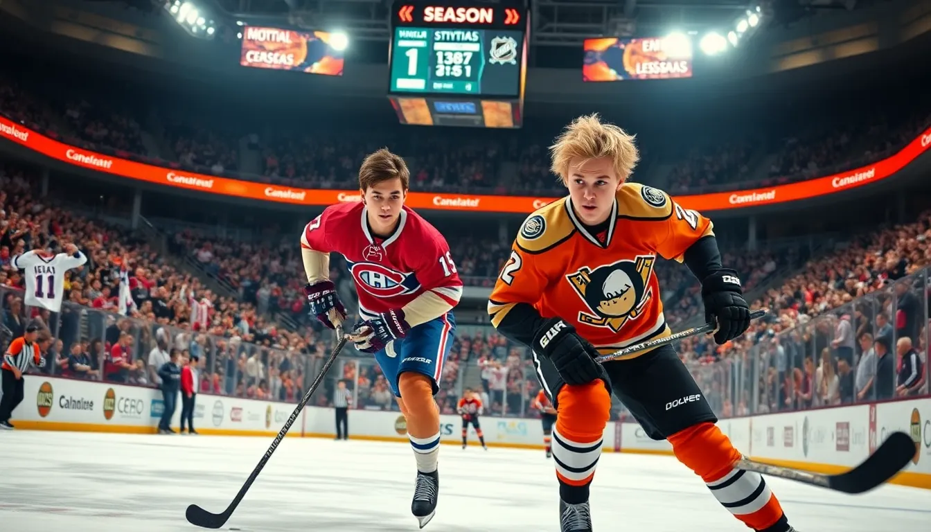 young hockey players Caulfield and Zegras competing in a vibrant arena.