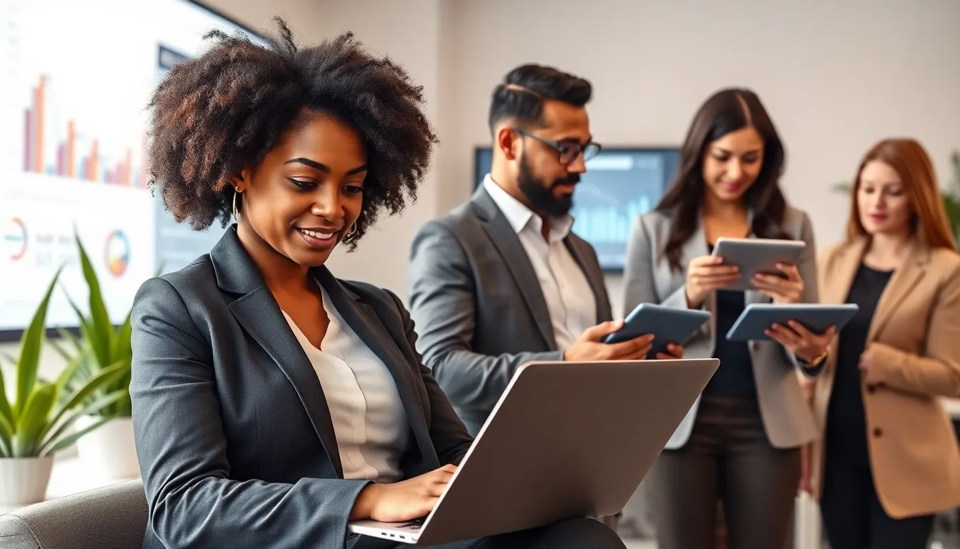 diverse team collaborating on accounting software in a modern office.