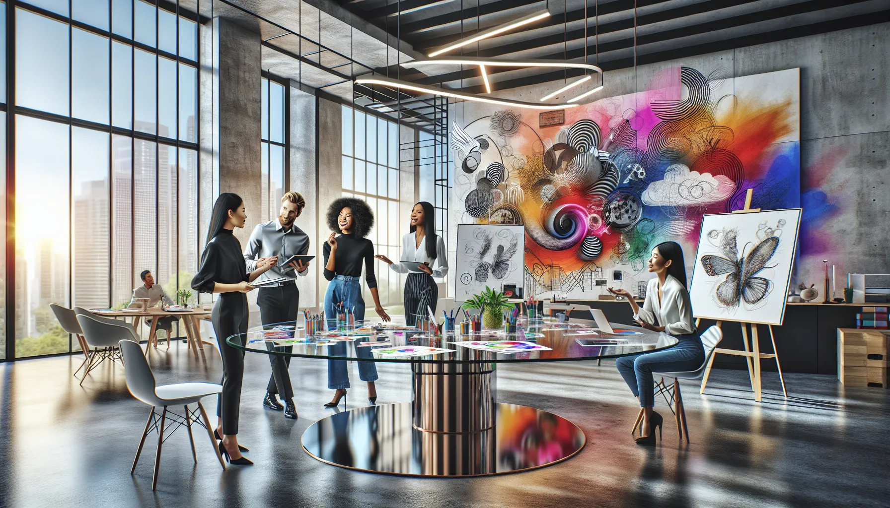 diverse professionals collaborating in a modern, artistic workspace.